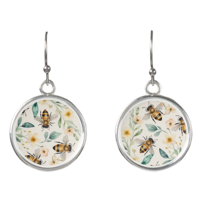 Bees and Flowers - Cream Floral Honey Bee Pattern Earrings (Front)