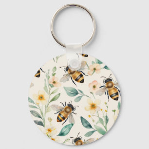 Bees and Flowers - Cream Floral Honey Bee Pattern Keychain