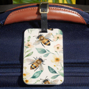 Bees and Flowers - Cream Floral Honey Bee Pattern Luggage Tag