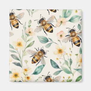 Bees and Flowers - Cream Floral Honey Bee Pattern Magnet
