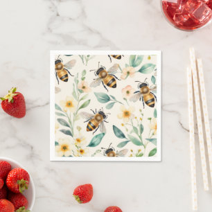 Bees and Flowers - Cream Floral Honey Bee Pattern Napkins