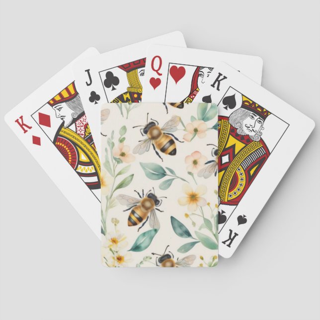 Bees and Flowers - Cream Floral Honey Bee Pattern Poker Cards (Back)