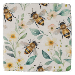 Bees and Flowers - Cream Floral Honey Bee Pattern Trivet