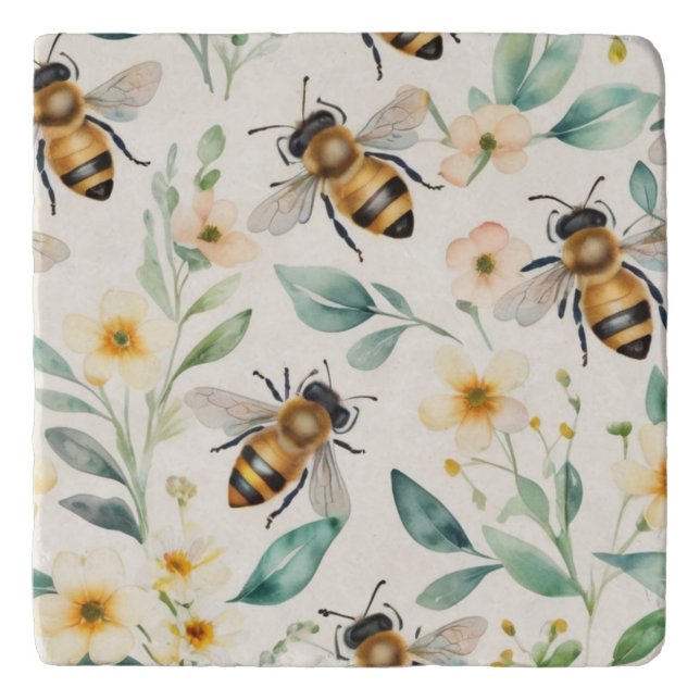Bees and Flowers - Cream Floral Honey Bee Pattern Trivet (Front)