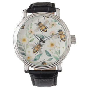 Bees and Flowers - Cream Floral Honey Bee Pattern Watch