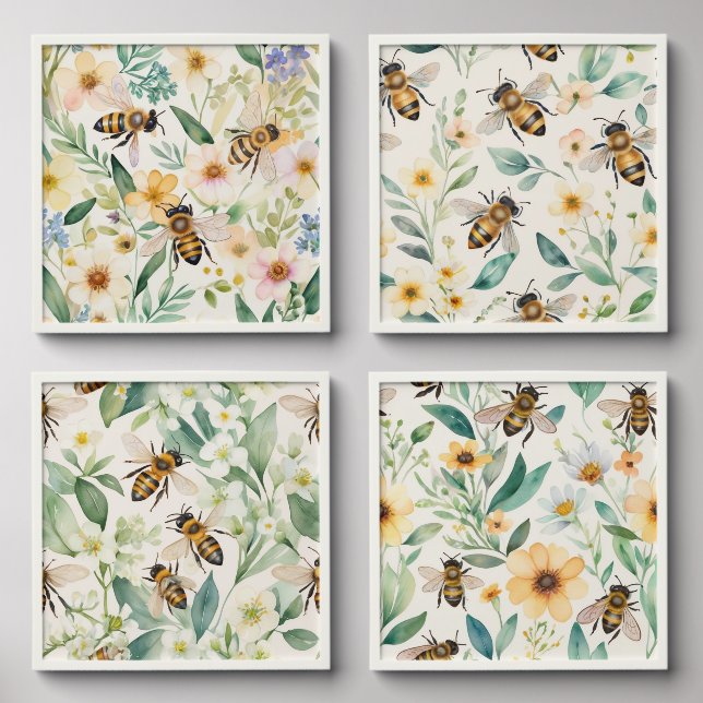 Bees and Flowers - Floral Honey Bee Pattern Peel And Stick Photo Tile (Front Set)