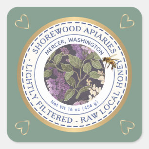 Bees and Flowers Honey Label with Gold Hearts