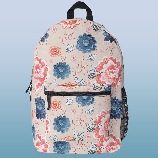 Bees and Flowers Watercolor Printed Backpack (Watercolor bees and flowers blush pink peach and indigo navy blue pattern cottagecore backpack)