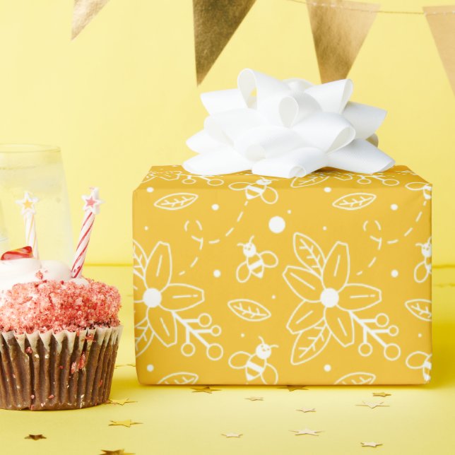 Bees and Flowers Yellow Birthday Wrapping Paper (Birthday Party)