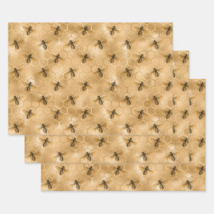 Bees and Gold Honeycomb Wrapping Paper Sheets