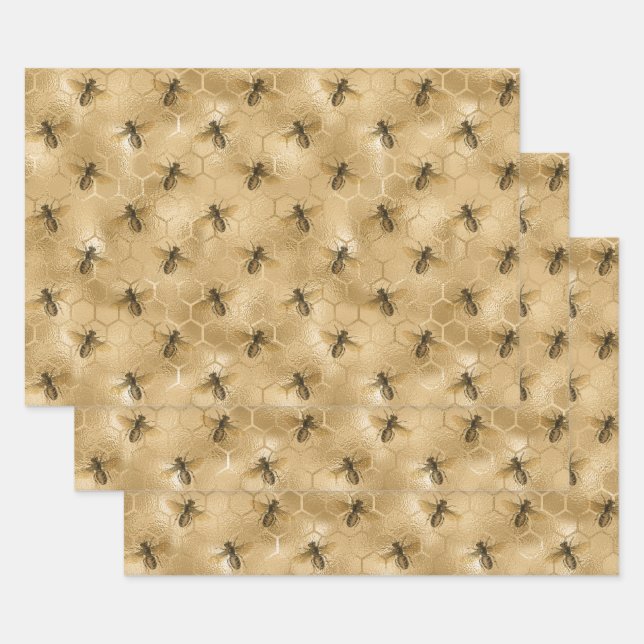 Bees and Gold Honeycomb Wrapping Paper Sheets (Set)
