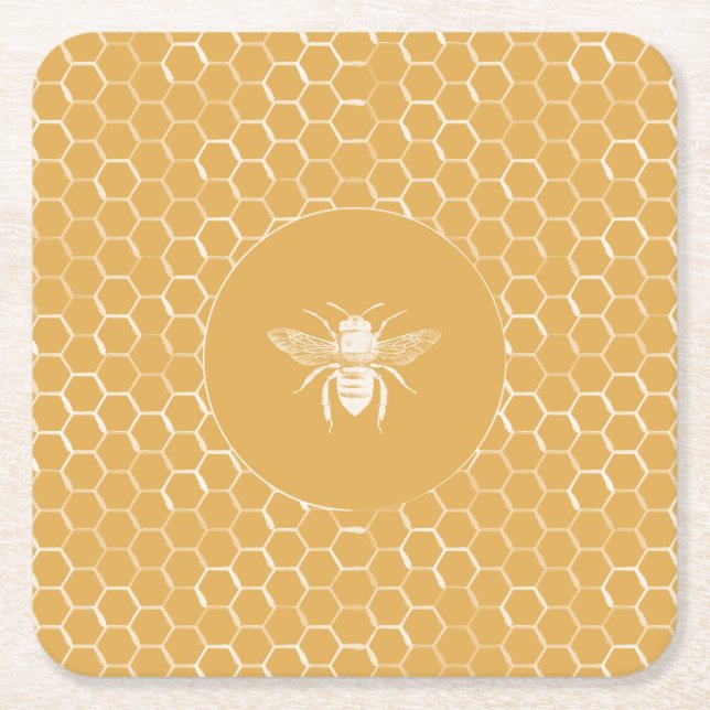 Bees and Golden Honeycomb Pattern Square Paper Coaster (Front)