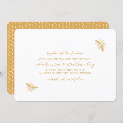 Bees and Golden Honeycomb Pattern Wedding Invitation