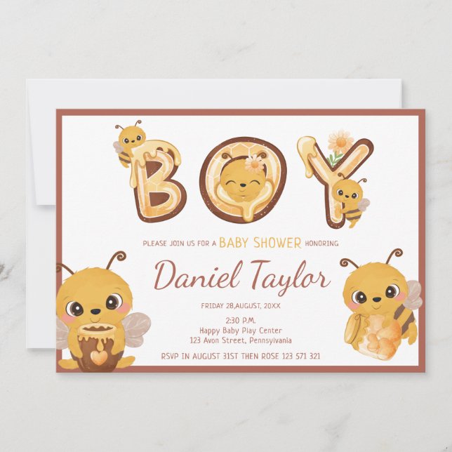Bees and honey Boy sweet letters Baby shower  Invitation (Front)