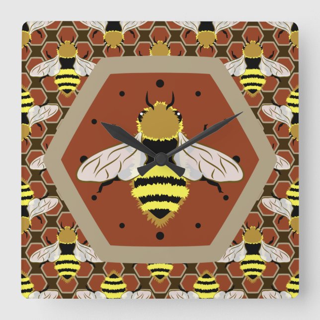 Bees and Honeycomb Pattern Square Wall Clock (Front)