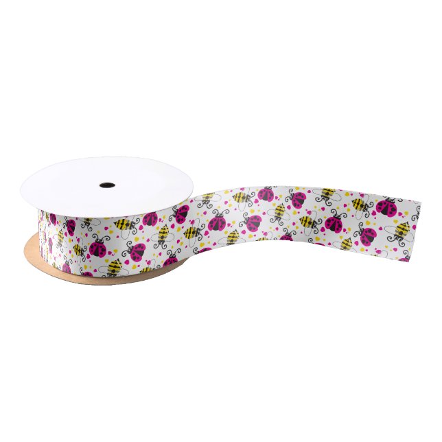 Bees and ladybug flying graphic art satin ribbon (Spool)