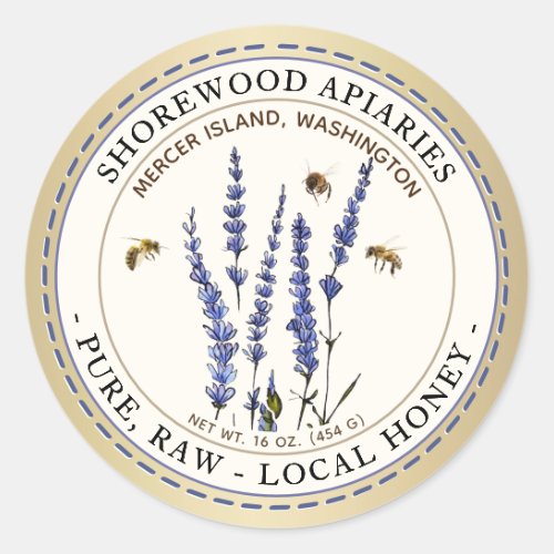 Bees and Lavender Honey Ivory Metallic Gold Classic Round Sticker