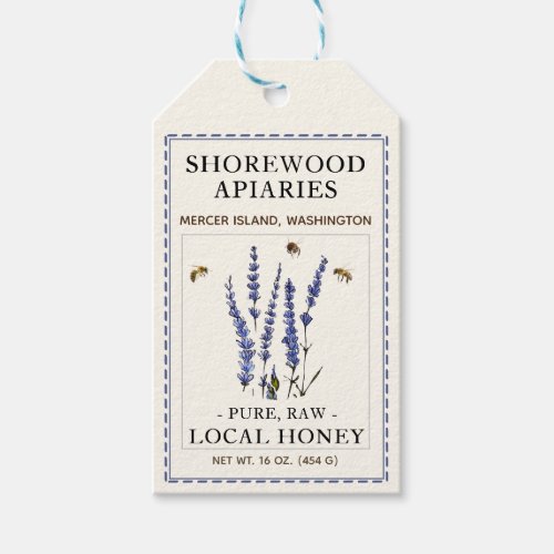 Bees and Lavender Honey Label Blue Dashed Border 