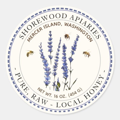 Bees and Lavender Honey Label with Dashed Border