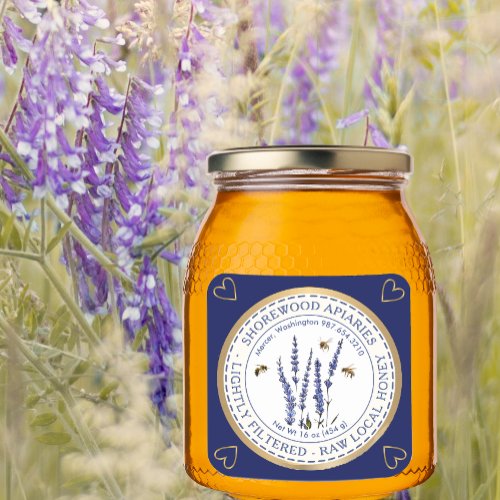 Bees and Lavender Honey Label with Gold Hearts    