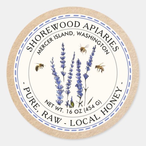 Bees and Lavender Honey Label with Kraft Border