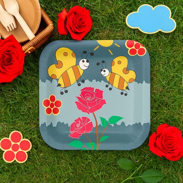 Bees and Roses Floral Garden Paper Plates (Creator Uploaded)