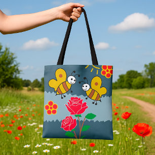 Bees and Roses Floral Garden Tote Bag