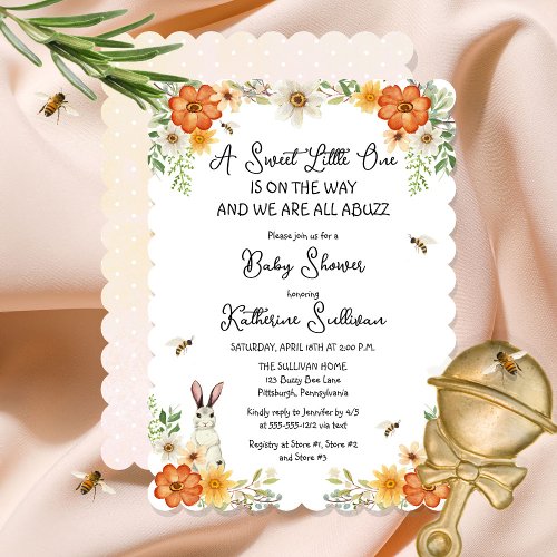 Bees and Spring Flowers  Bunny Girl Baby Shower Invitation