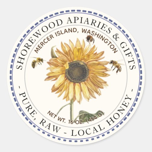 Bees and Sunflower Honey Label with Dashed Border