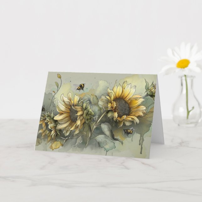 Bees and Sunflowers Greeting Card (Small Plant)