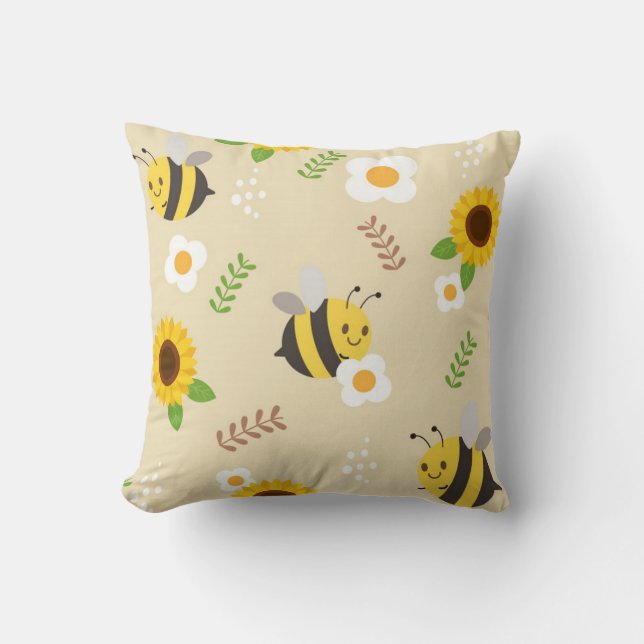Bees and Sunflowers Throw Pillow (Front)