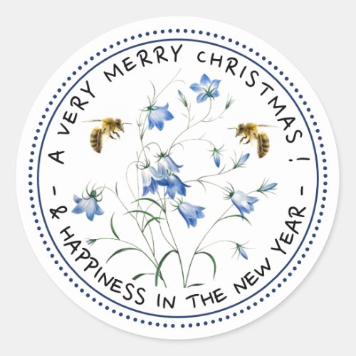 Bees and Vintage Bluebells Very Merry Christmas Classic Round Sticker