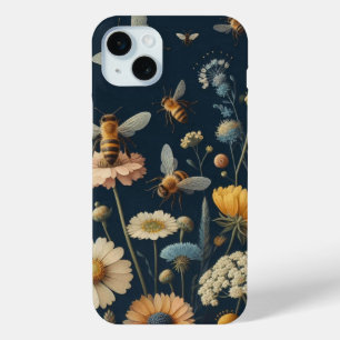 Bees and Wildflowers on Dark Blue iPhone 15 Plus Case