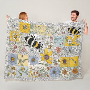 Bees and Wildflowers Vintage Floral Patchwork Fleece Blanket