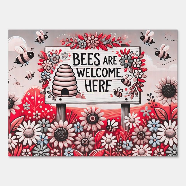 Bees Are Welcome Here – Bold Red Beehive Sign (Front)