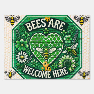 Bees Are Welcome Here – Green Honeycomb Sign