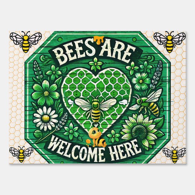 Bees Are Welcome Here – Green Honeycomb Sign (Front)
