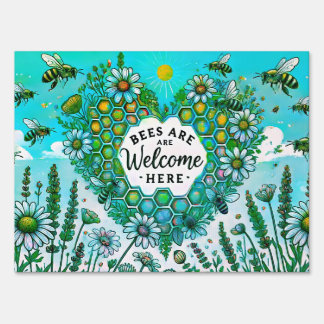Bees Are Welcome Here – Heart Honeycomb Green Sign