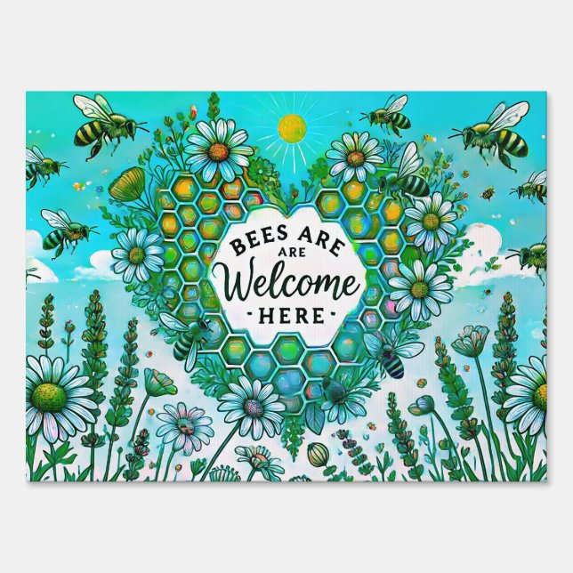 Bees Are Welcome Here – Heart Honeycomb Green Sign (Front)