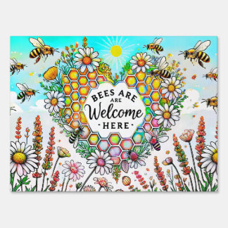 Bees Are Welcome Here – Heart Honeycomb Sign