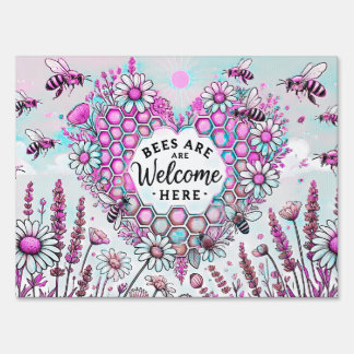 Bees Are Welcome Here – Pink Heart Honeycomb Sign