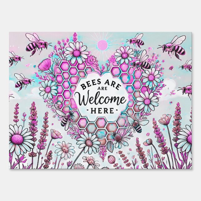 Bees Are Welcome Here – Pink Heart Honeycomb Sign (Front)