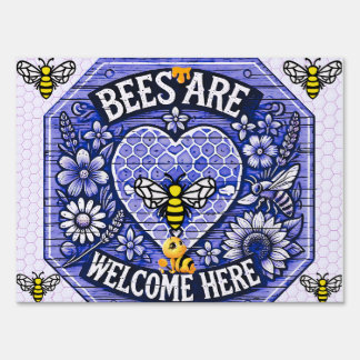 Bees Are Welcome Here – Purple Honeycomb Sign