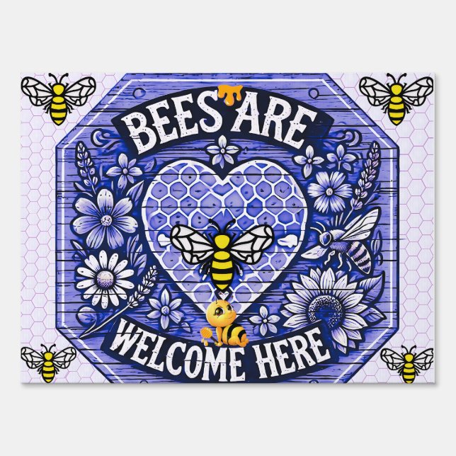 Bees Are Welcome Here – Purple Honeycomb Sign (Front)