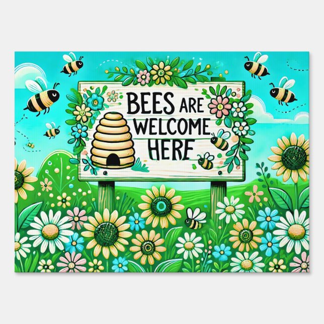 Bees Are Welcome Here – Soft Heart Honeycomb  Gard Sign (Front)