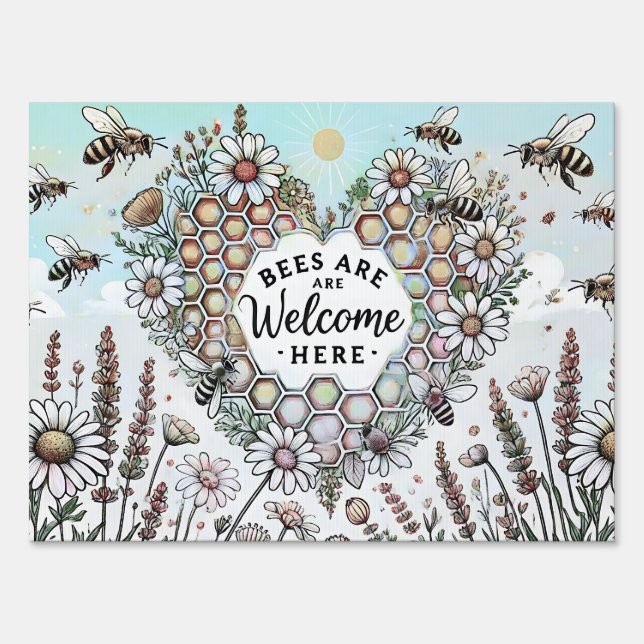 Bees Are Welcome Here – Soft Heart Honeycomb  Sign (Front)