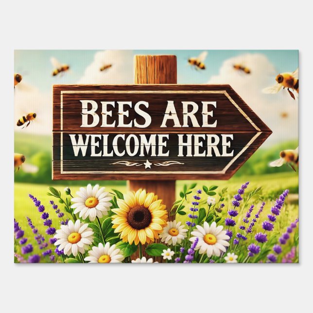 Bees Are Welcome Here – Vibrant Rustic Sign (Front)