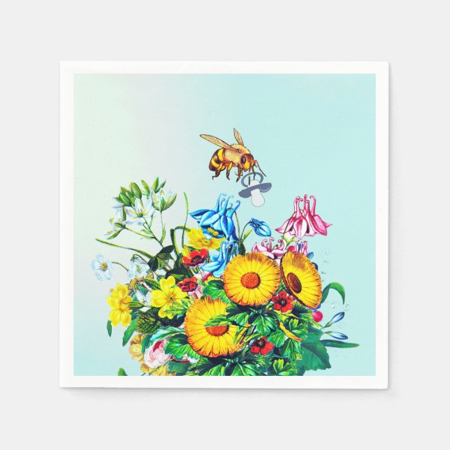 Bees Baby Shower Blue Flroal Pacifier Napkins (Front)