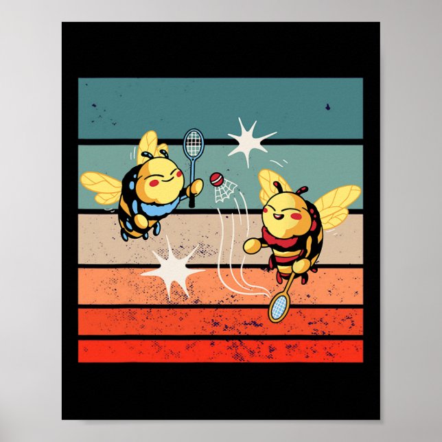 Bees Badminton Dynamic Cartoonish Artwork Funny Pl Poster (Front)