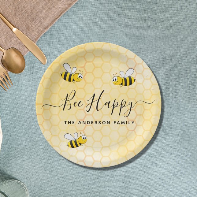 Bees bee happy summer fun humor name paper plates (Creator Uploaded)